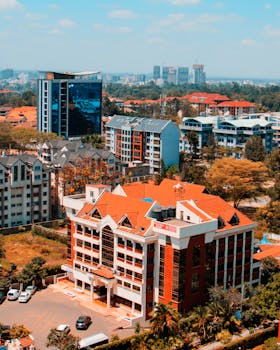 从上方探索内罗毕充满活力的城市景观，展现其多样化的建筑风貌