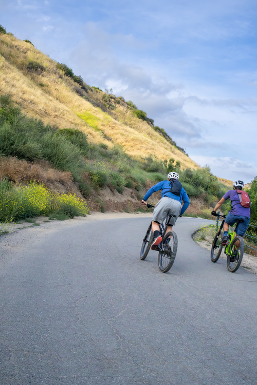 Free Two cyclists enjoy a scenic ride on a winding rural road wearing helmets and sportswear. Stock Photo