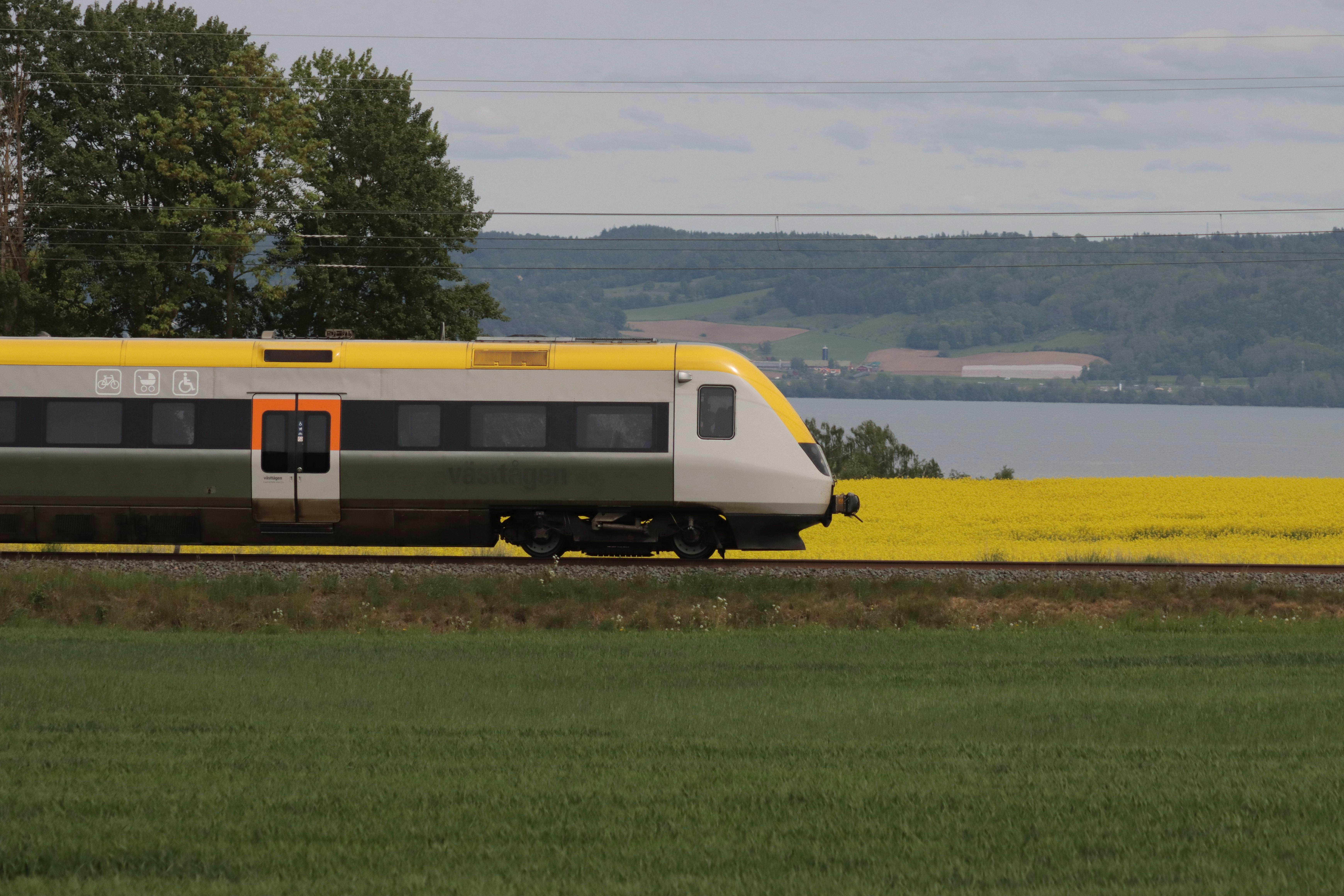 Scenic train moving through a vibrant canola field in Jönköping, Sweden, during the day.