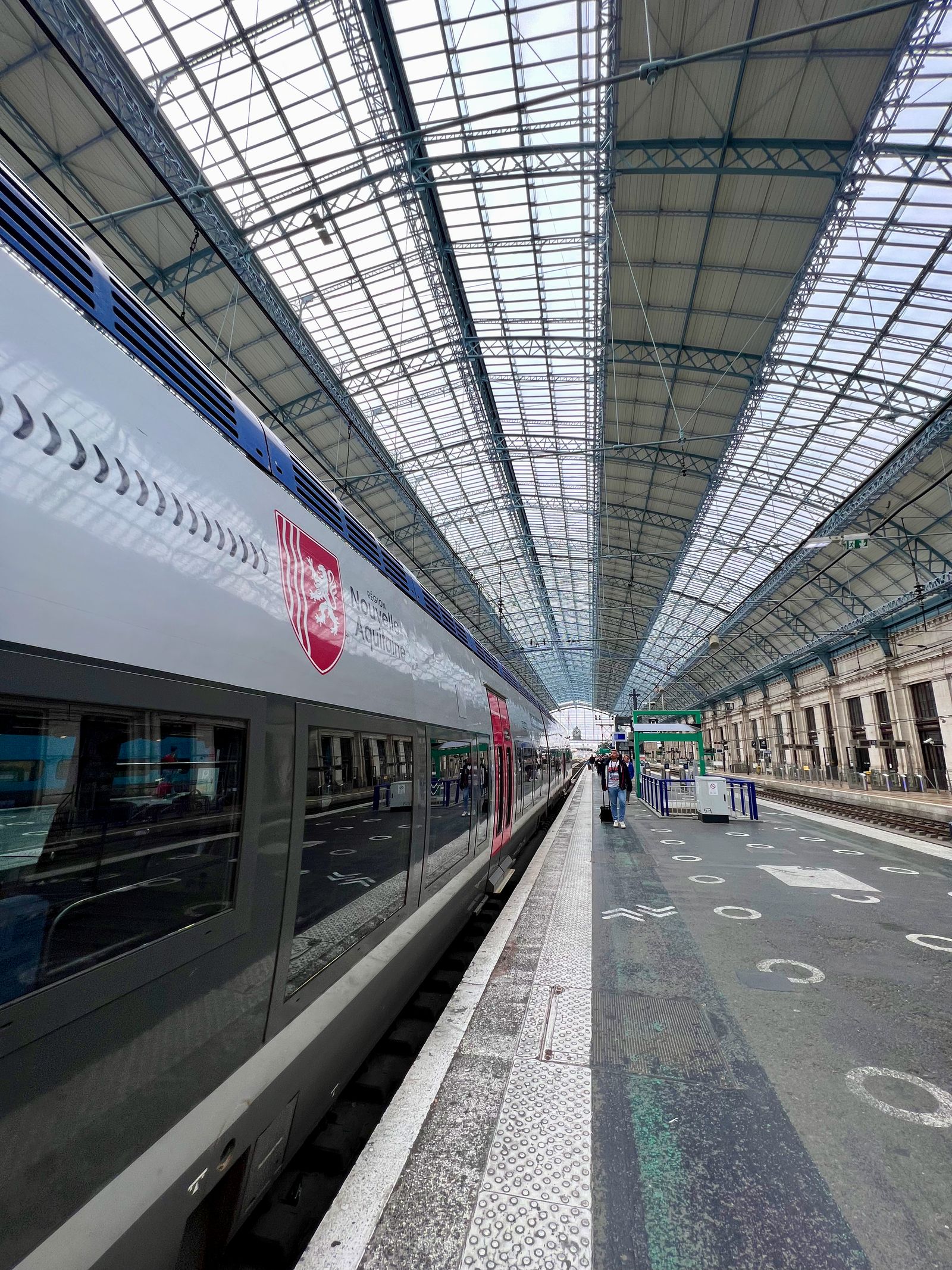 Passenger train beneath a glass roof at Bordeaux station