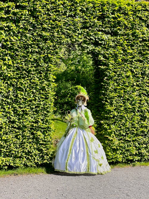 Girl Wearing a Mask and a Costume Posing in a Green Hedge Gate