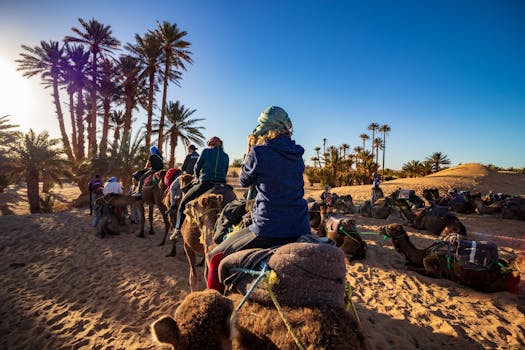 Group of people riding camels through a desert oasis with palm trees under a blue sky, ideal for travel and adventure themes.