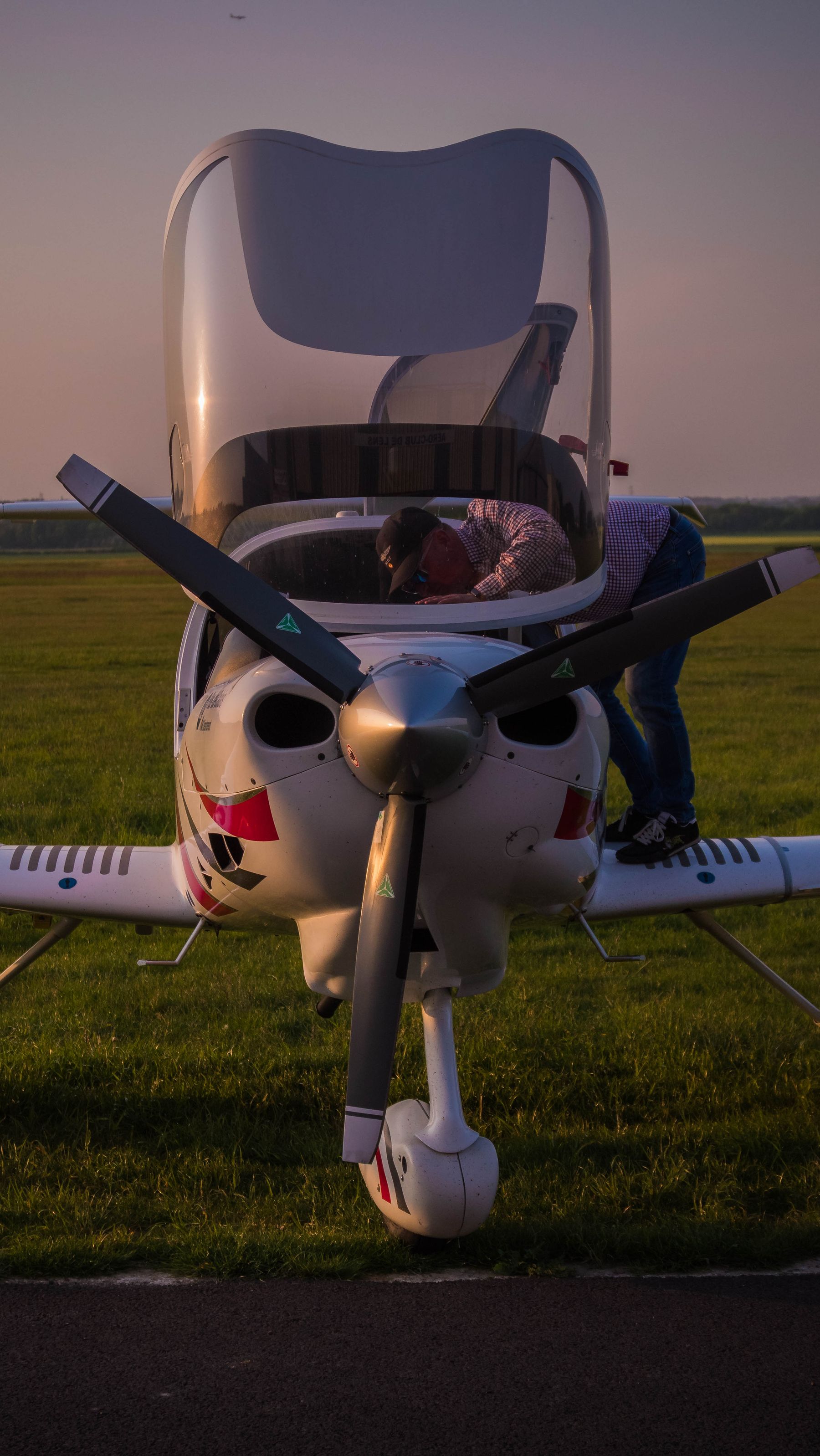 A Diamond DA40 on grass at sunset