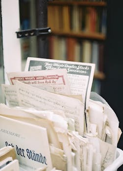 A stack of vintage sheet music displayed in a store setting, offering a nostalgic glimpse into musical history.