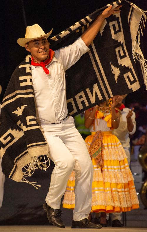 Free Male and female dancers in traditional attire perform a vibrant cultural dance in Oaxaca. Stock Photo
