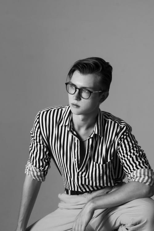 Model in Striped Shirt in Black and White