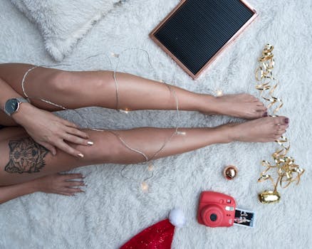 这幅艺术构图以节日装饰、纹身腿部和节日元素为特色