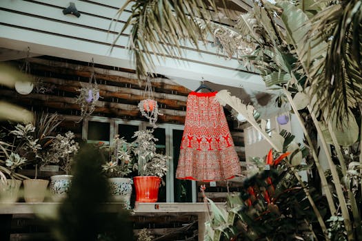 A vibrant red bridal lehenga hanging amidst lush greenery in Mandvi, India.