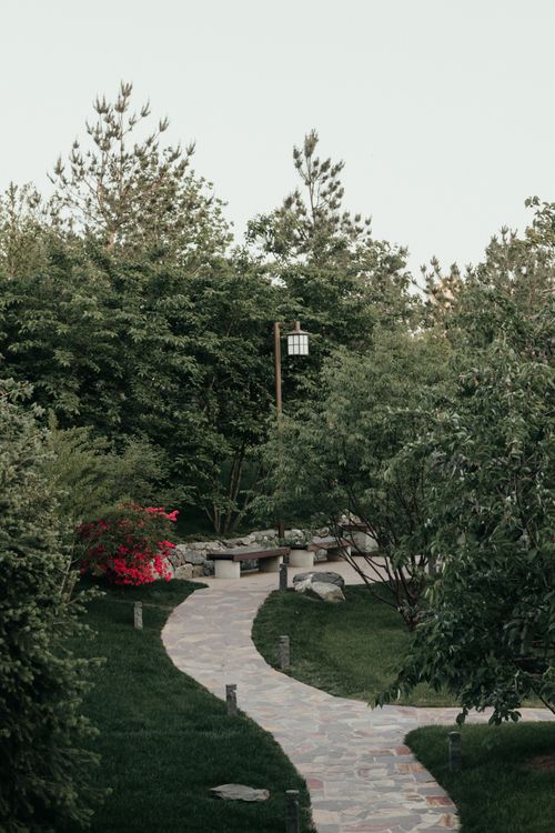 Free Explore a tranquil garden pathway surrounded by diverse greenery and blooming flowers. Stock Photo