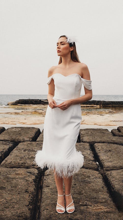 Elegant Woman in Dress Posing on Seashore