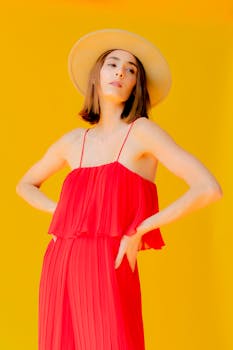 Elegant caucasian woman in a red dress and wide-brimmed hat posing against a vibrant yellow background.