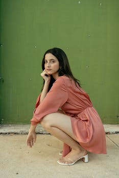 Stylish woman in a pink dress poses outdoors against a green wall.