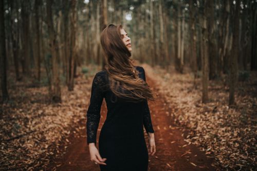Free A woman in a black dress stands amidst a serene forest during autumn, her hair blowing in the wind. Stock Photo