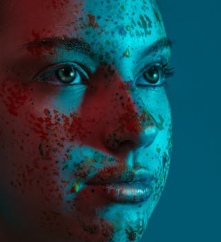 Close-up portrait of a woman with vibrant face paint under dramatic lighting.