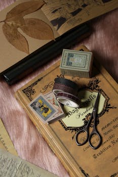 Aesthetic vintage flat lay featuring journals, scissors, decorative tape, and nostalgic elements.