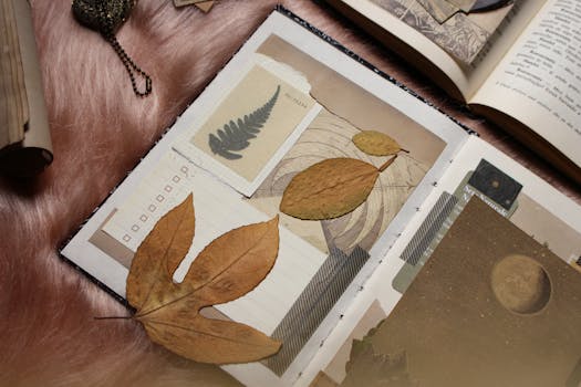 A creative flatlay of vintage scrapbooks with autumn leaves, capturing a nostalgic fall ambiance.