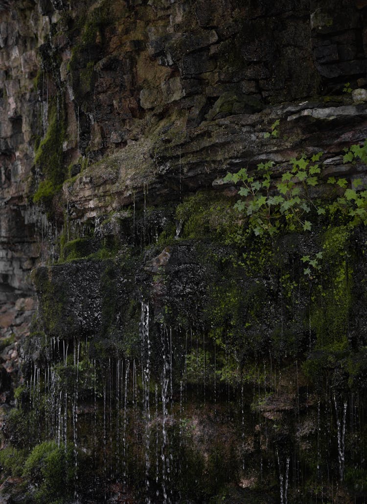 Water Falling On Rock Cliff