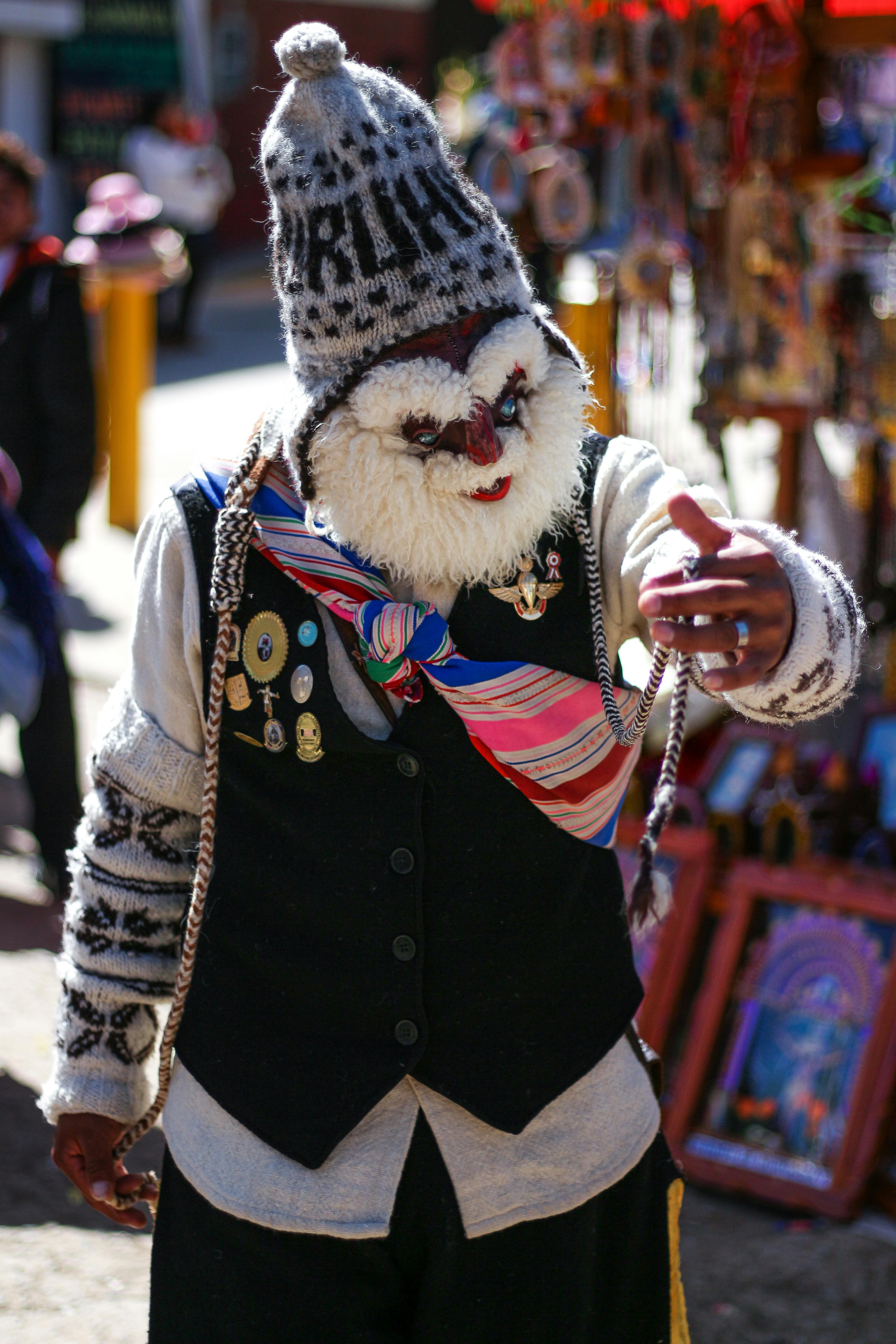 Colorful costume at Tarma's vibrant street festival, showcasing local tradition.