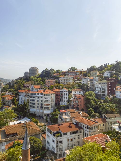 Free Aerial view of colorful houses and lush greenery in Sarıyer, Istanbul, Türkiye. Stock Photo