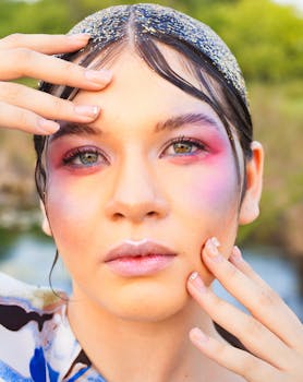 Creative portrait of a woman with vibrant makeup and glitter detail, emphasizing beauty and expression.