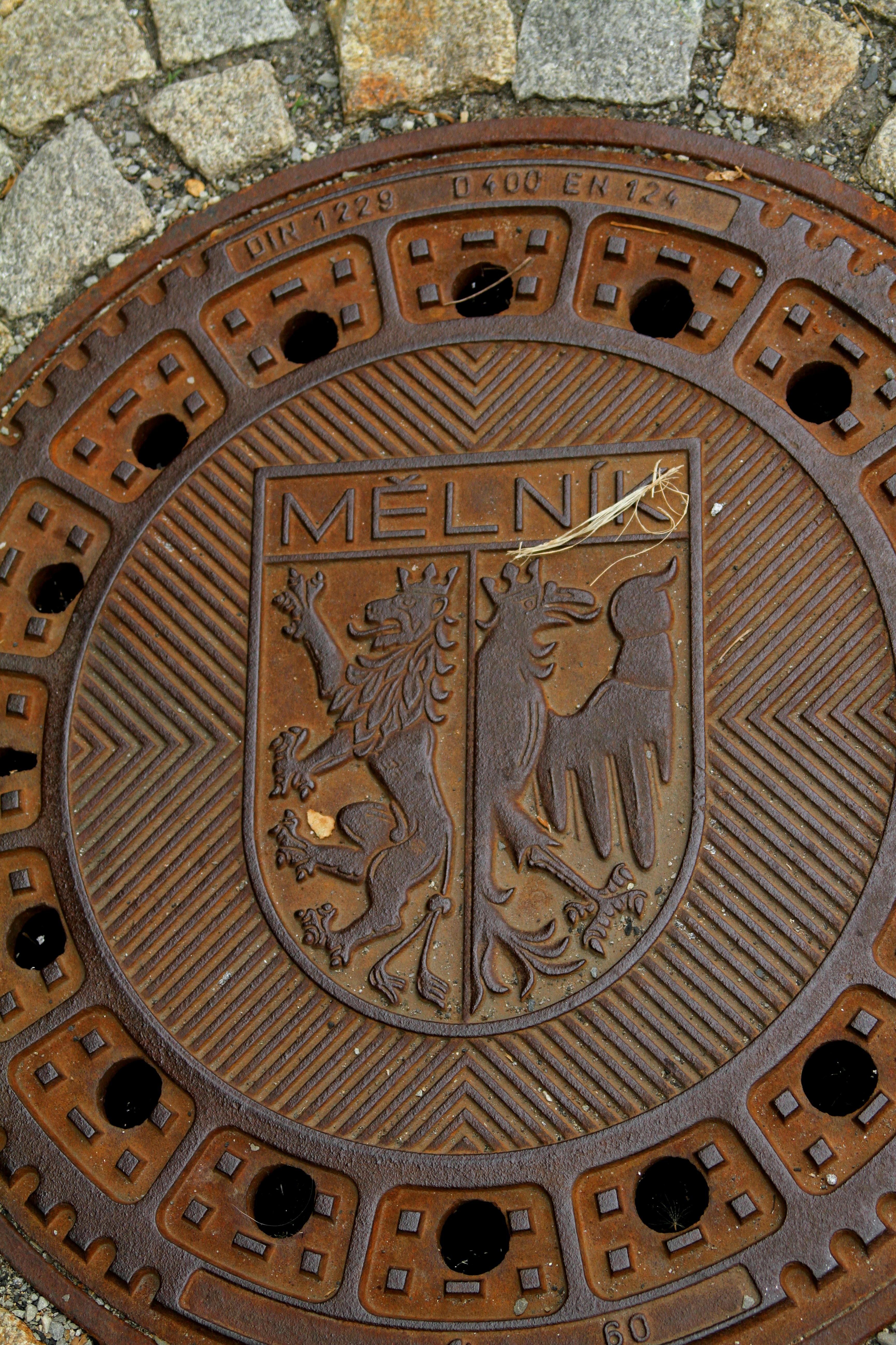 close up of a street well cover with a city coat of arms