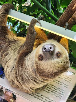 Close-up of a playful sloth hanging upside down in a lush tropical setting.