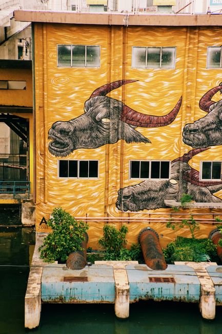 Colorful street art depicting bulls on an urban building facade.