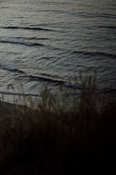 Gentle waves roll onto a shadowed seashore at twilight, creating a serene scene.