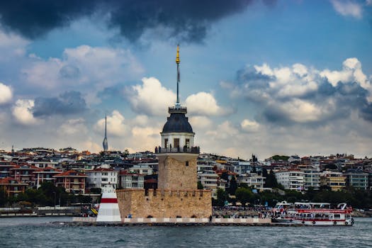 Stunning view of Maiden's Tower on the Bosphorus in Istanbul with vibrant cityscape.