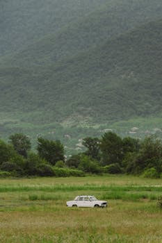 A retro car parked in a lush green field with mountainous backdrop in Zaqatala, Azerbaijan.