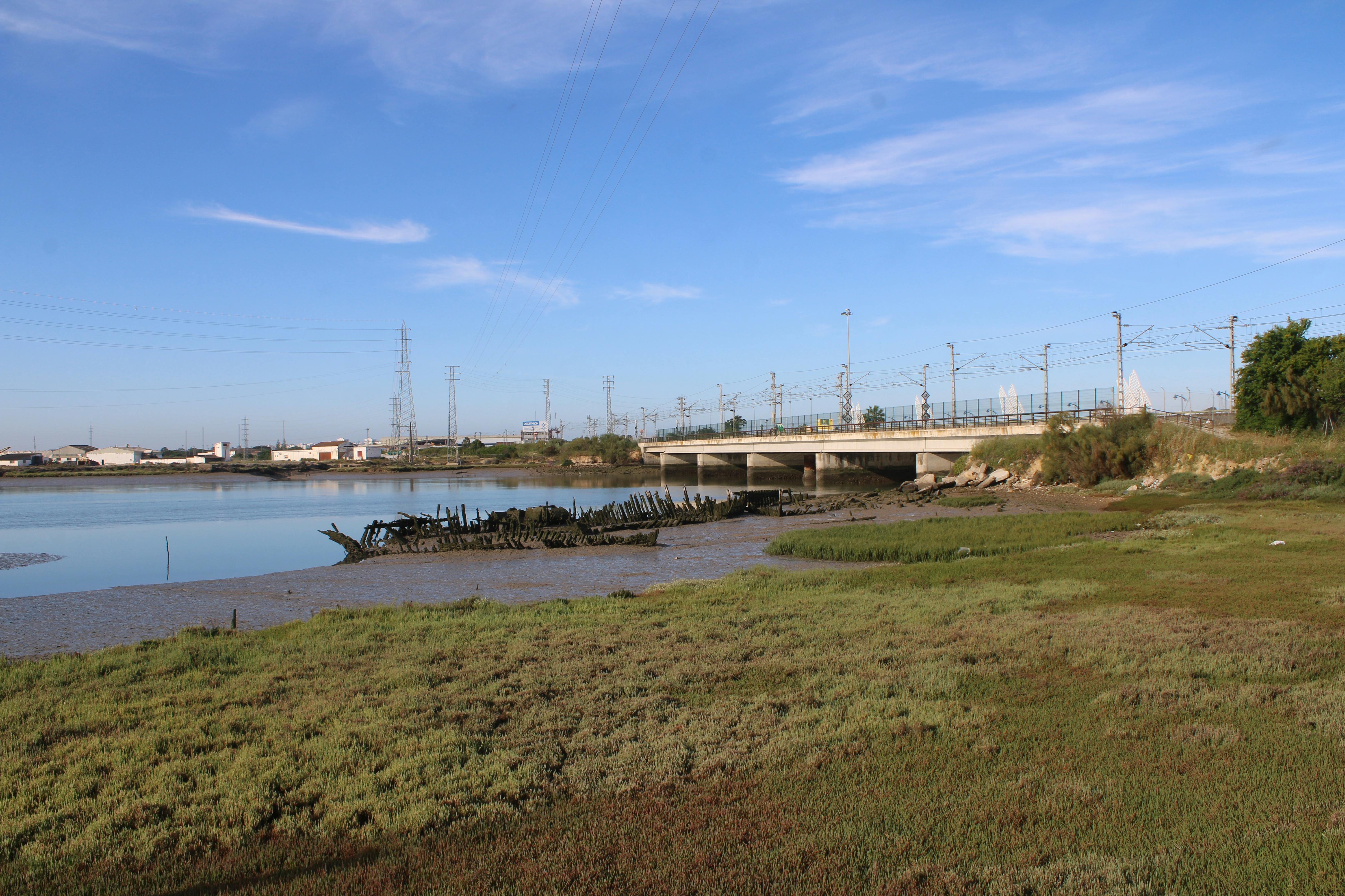 esqueletos de viejas embarcaciones frente al puente que cruza el río