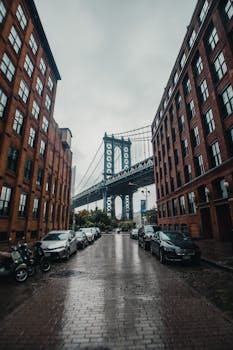 雨天的城市景观中，曼哈顿大桥的标志性框架映衬着布鲁克林的建筑
