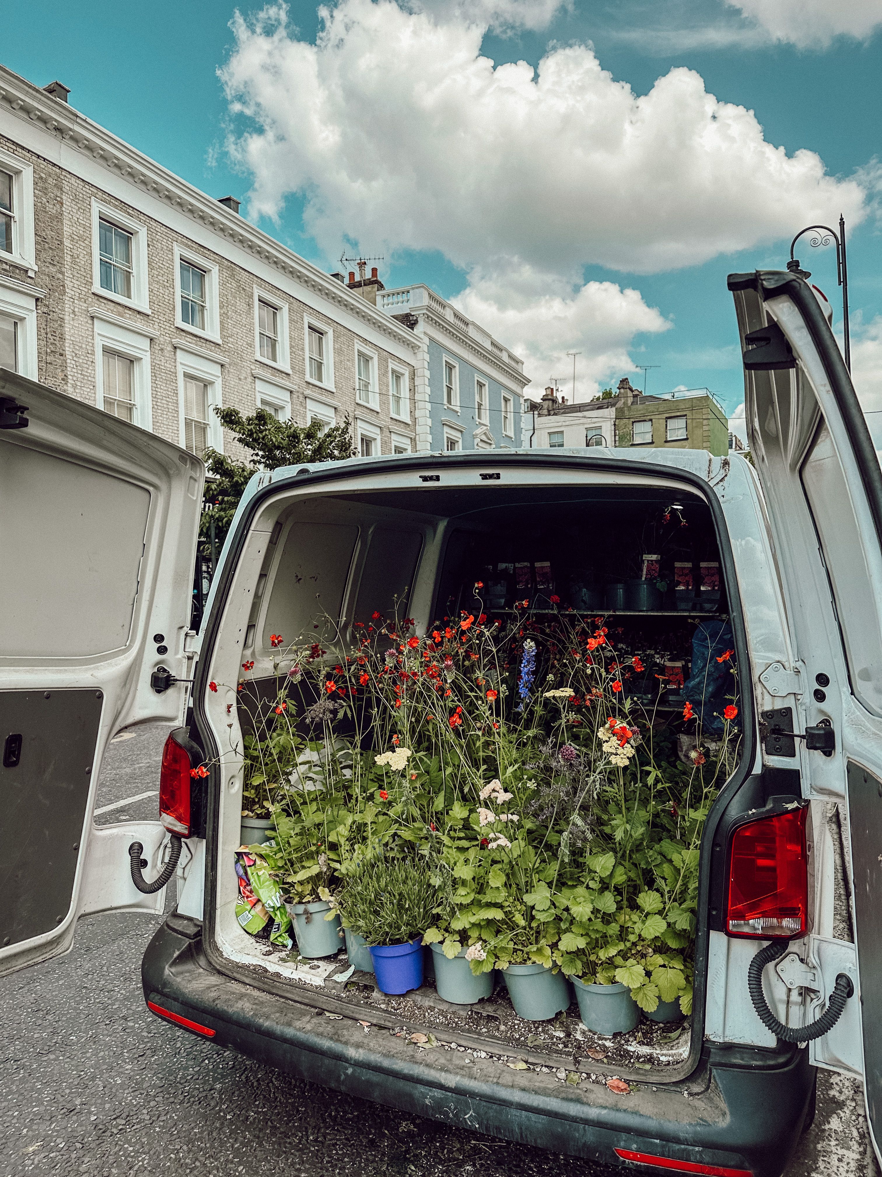 View of Potted Plants in the Back of a Van Parked on a Street in City ...