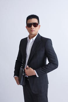 Confident businessman in a suit and sunglasses holding a briefcase against a white background.