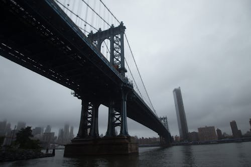 灰色の空の下の灰色の吊橋