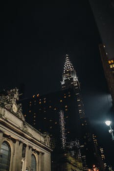 克莱斯勒大厦与纽约市周边建筑的夜景照片