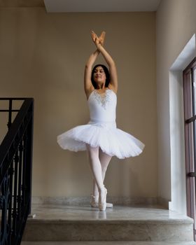 Ballet dancer in tulle dress poses gracefully on indoor staircase.