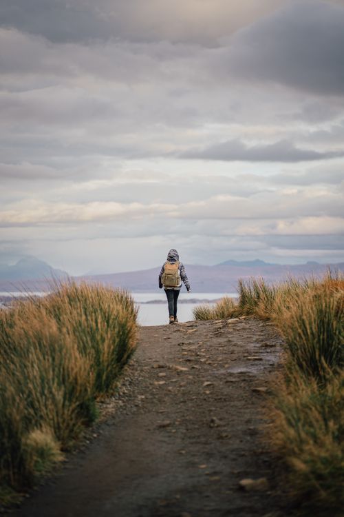 Free A lone trekker walks through the scenic Portree landscape, embracing nature's tranquility. Stock Photo