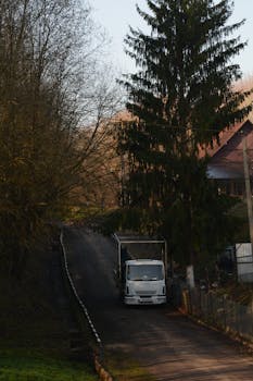 Truck driving on a tree-lined asphalt road in Mstsislaw, Belarus during late autumn.