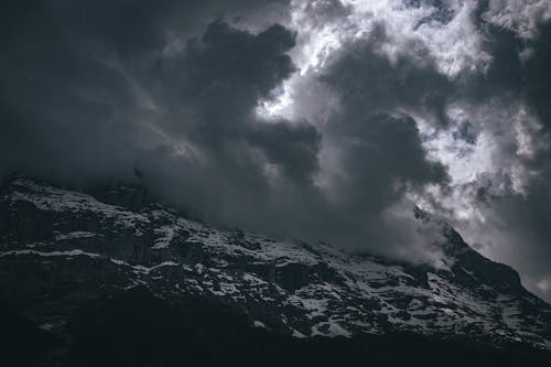 View of Rocky Mountains under Heavy Clouds 