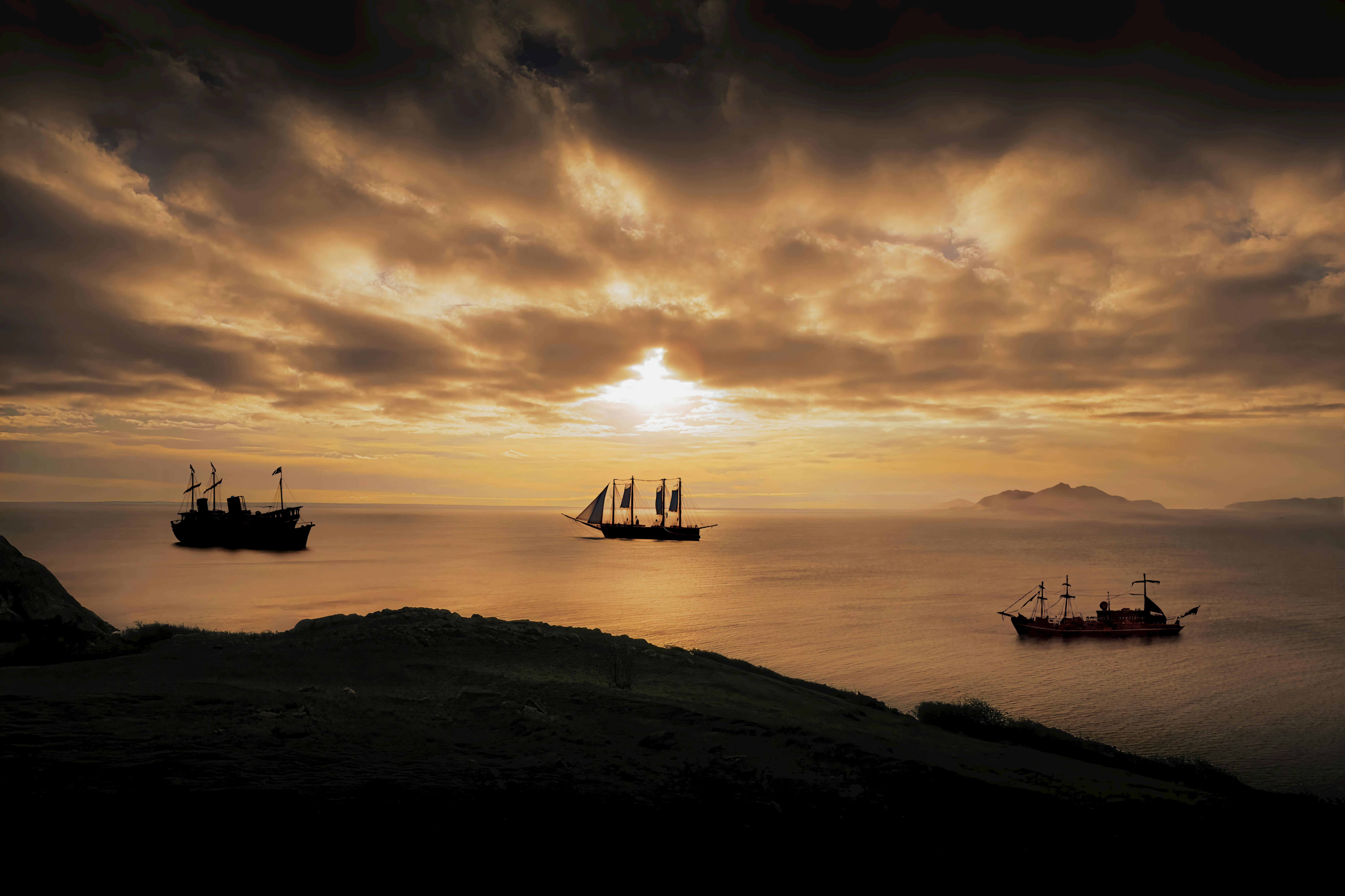 Captivating view of pirate ships silhouetted against a dramatic sunset over the sea.