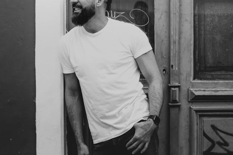 Young Bearded Man Posing In Plain White T-Shirt