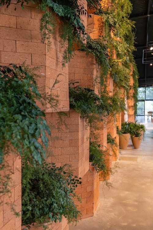 Decorative Wall of Brick Pots with Plants