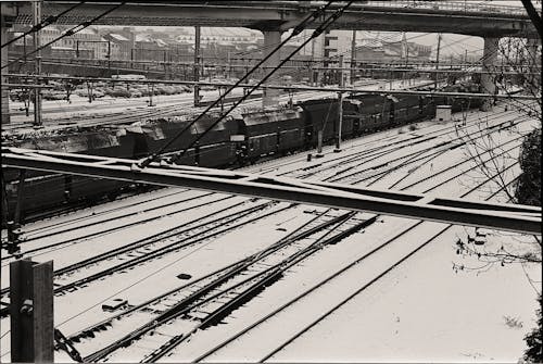 Railway Tracks Covered with Snow in Black and White