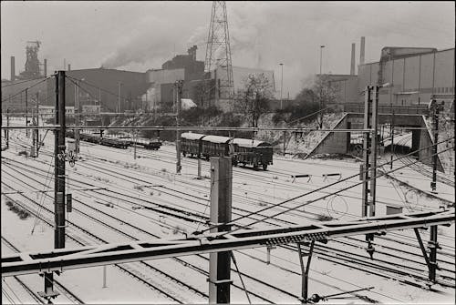 Railway Infrastructure in Winter in Black and White