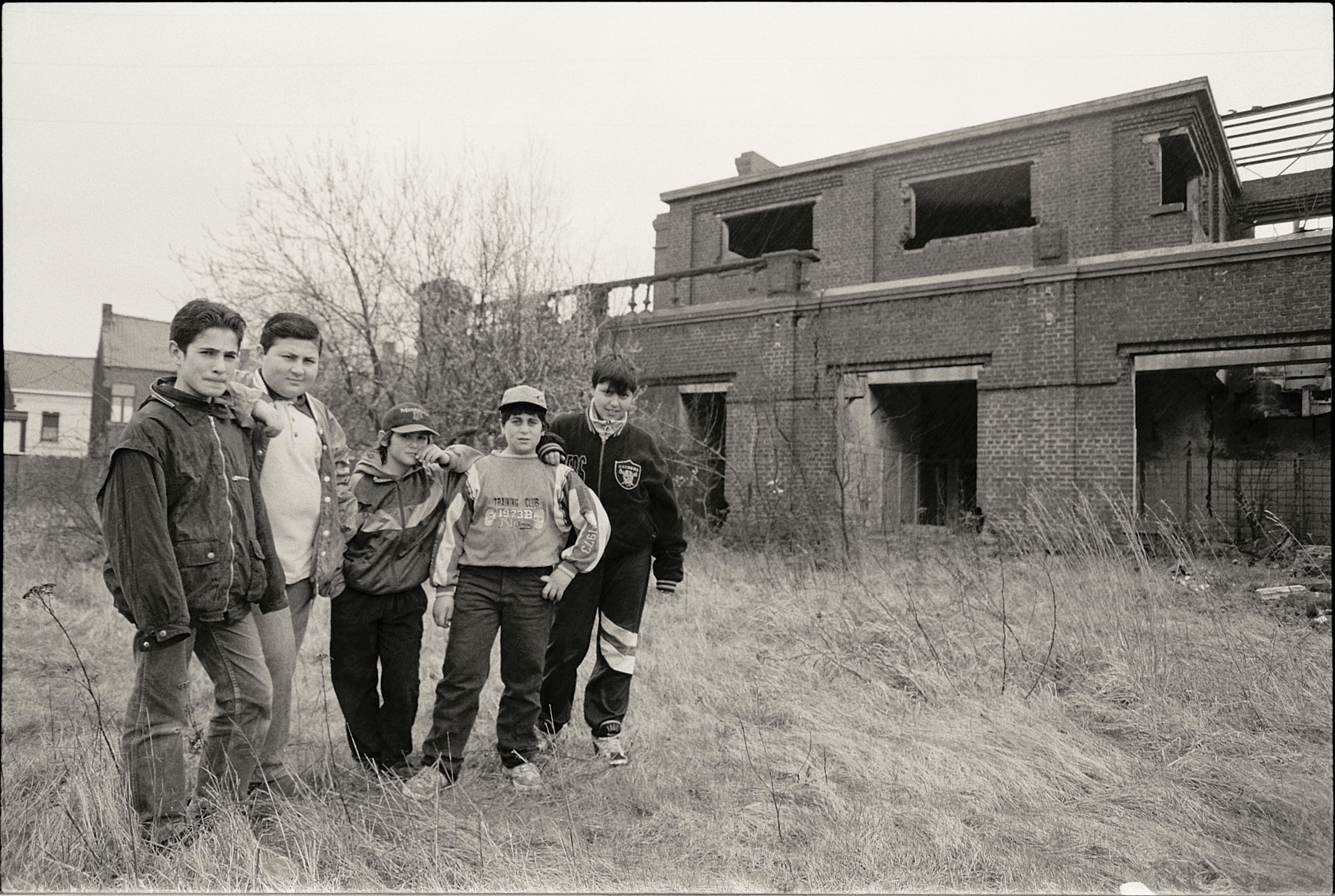 Group of Boys in Front of an Abandoned Building in Black and White ...