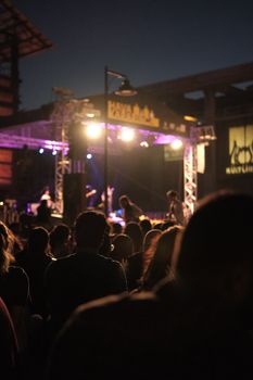Silhouetted crowd enjoying an outdoor concert under vibrant stage lights at night.