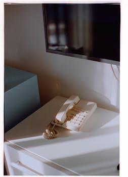 A vintage telephone sits on a white dresser with sunlight streaming through, next to a TV.