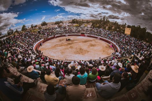 Crowds gather at Cajamarca, Peru, for a traditional bullfighting event, showcasing vibrant culture and tradition.