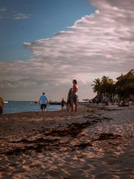 A beautiful sandy beach with tourists enjoying the tropical weather and view.